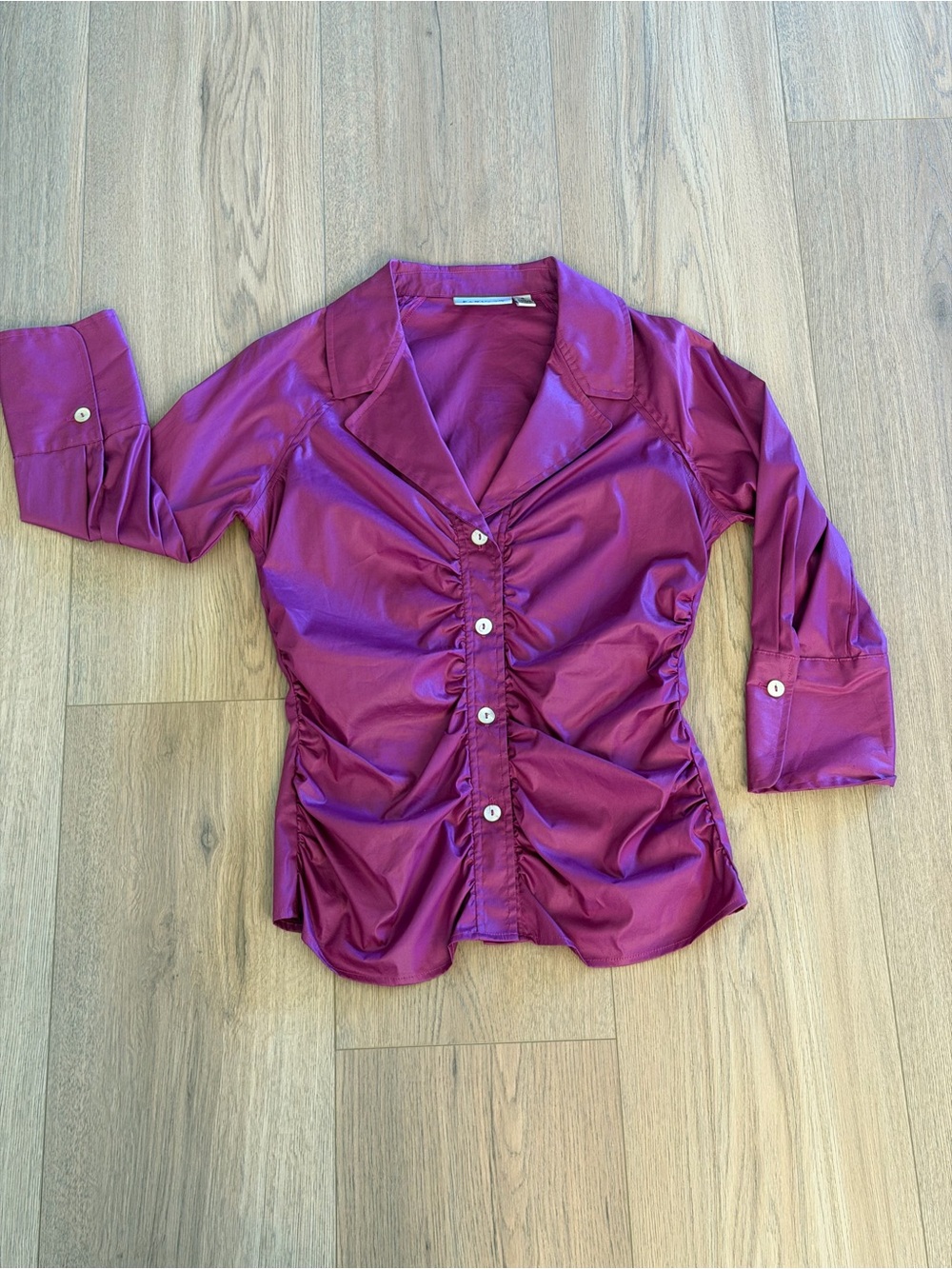 Retro Y2K Ruched Satin Button-Front Women's Top in Magenta